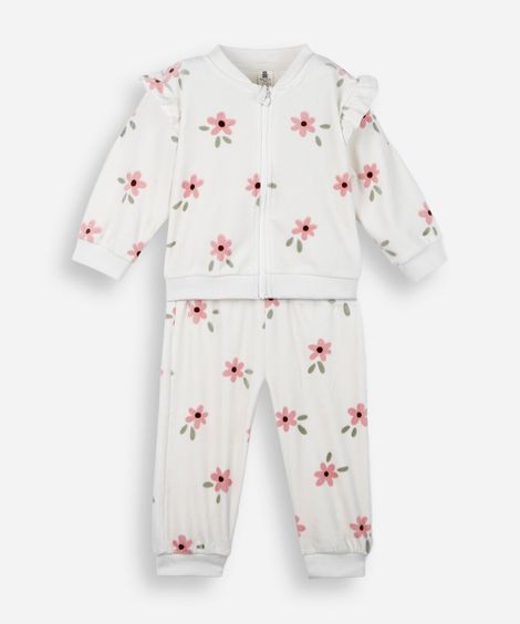 conjunto longo infantil de plush floral bege