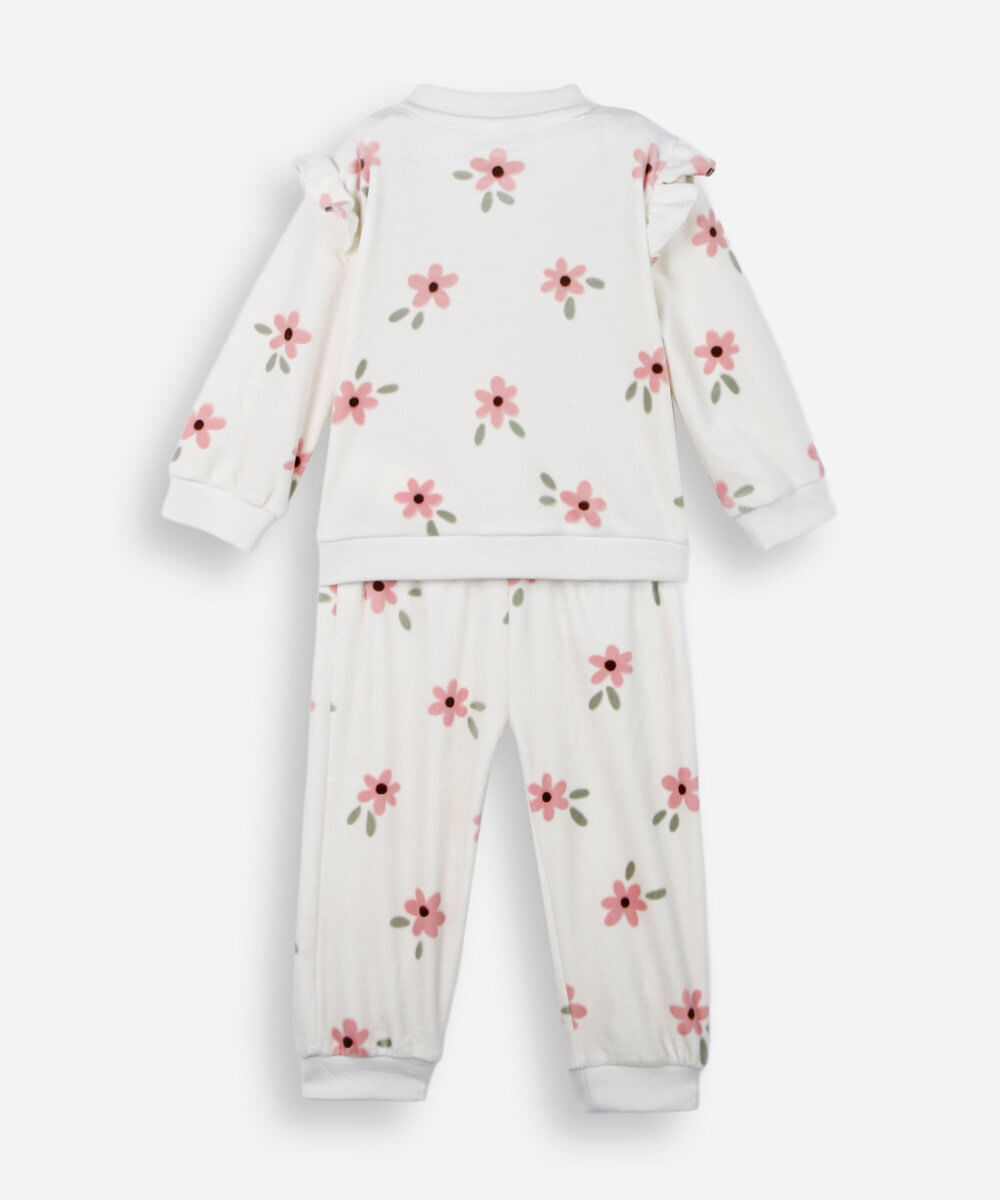 conjunto longo infantil de plush floral bege
