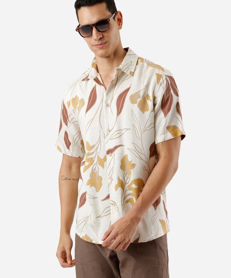 camisa masculina com linho folhagens colorida