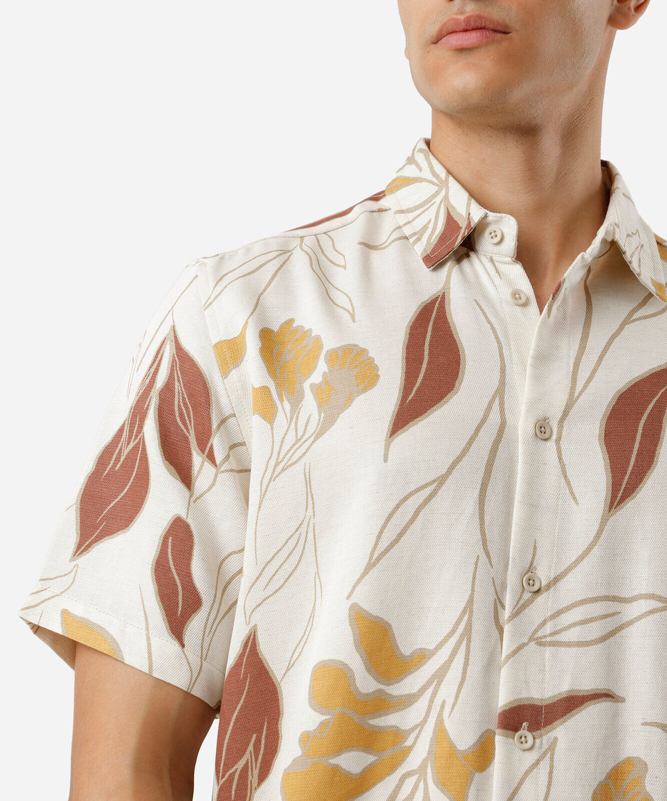camisa masculina com linho folhagens colorida