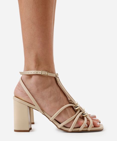 sandália bico quadrado tiras finas salto grosso oneself bege