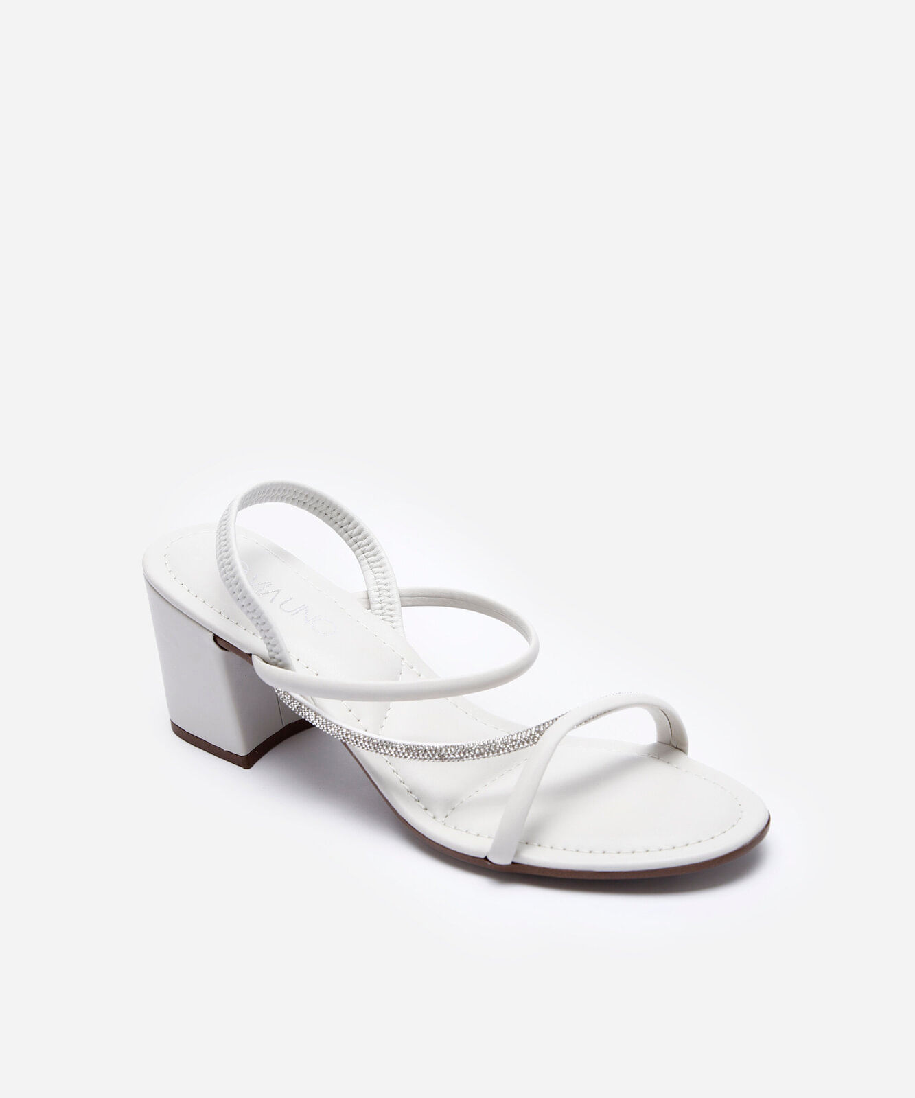 sandália tiras finas salto grosso com brilhos via uno off white