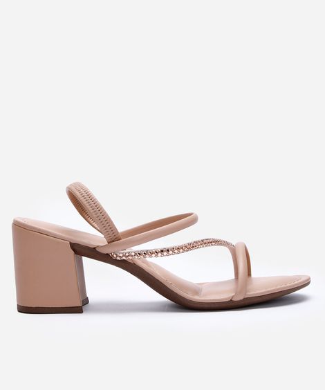 sandália tiras finas salto grosso com brilhos via uno bege