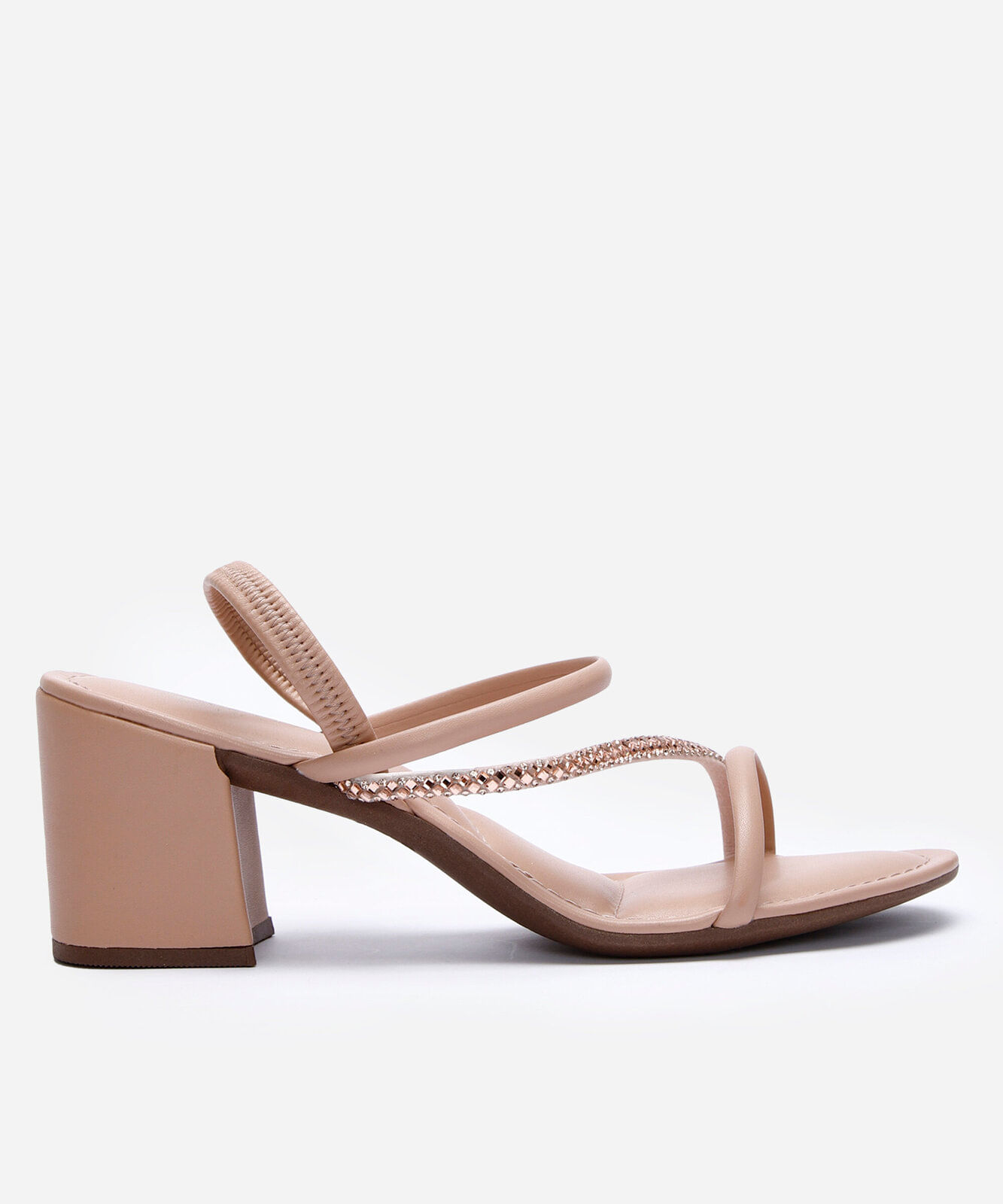 sandália tiras finas salto grosso com brilhos via uno bege