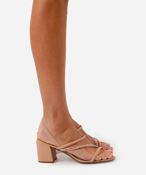 sandália tiras finas salto grosso com brilhos via uno bege