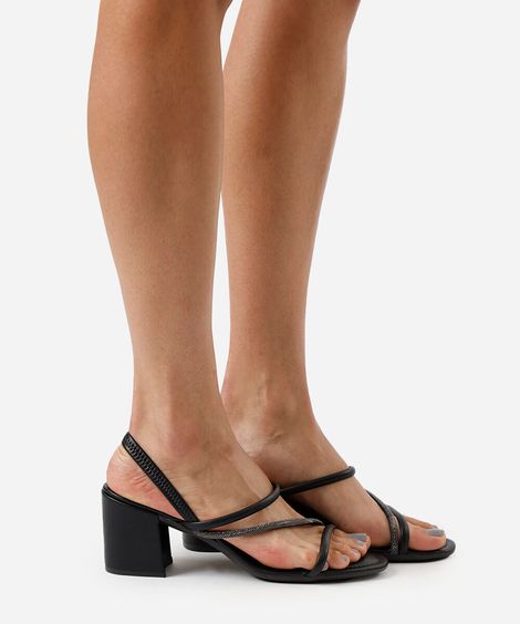 sandália tiras finas salto grosso com brilhos via uno preta