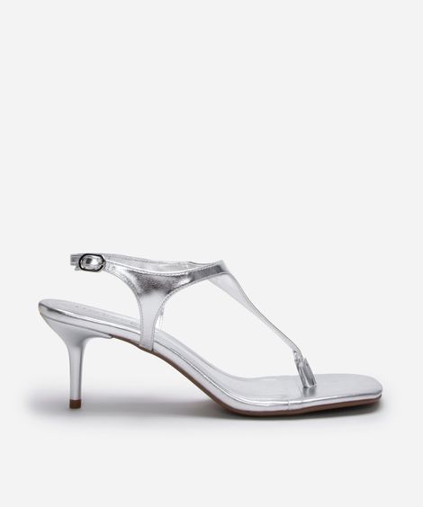 sandália bico quadrado salto fino texturizada oneself prateado