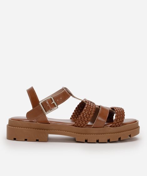 papete flatform feminina com tiras trançadas oneself marrom