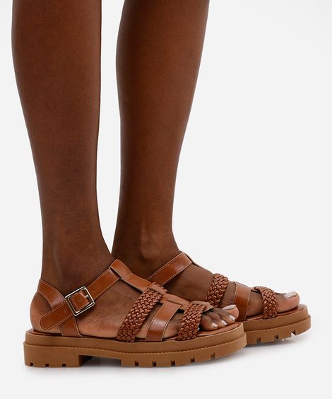 papete flatform feminina com tiras trançadas oneself marrom