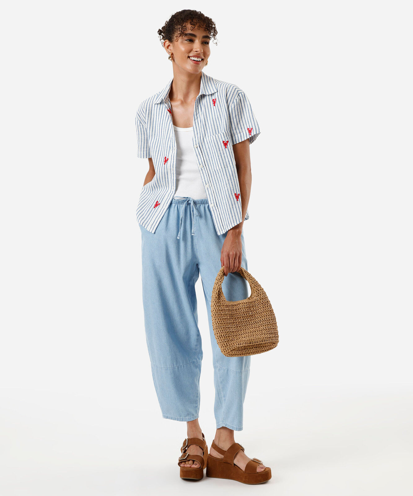 calça barrel feminina jeans cós elástico azul