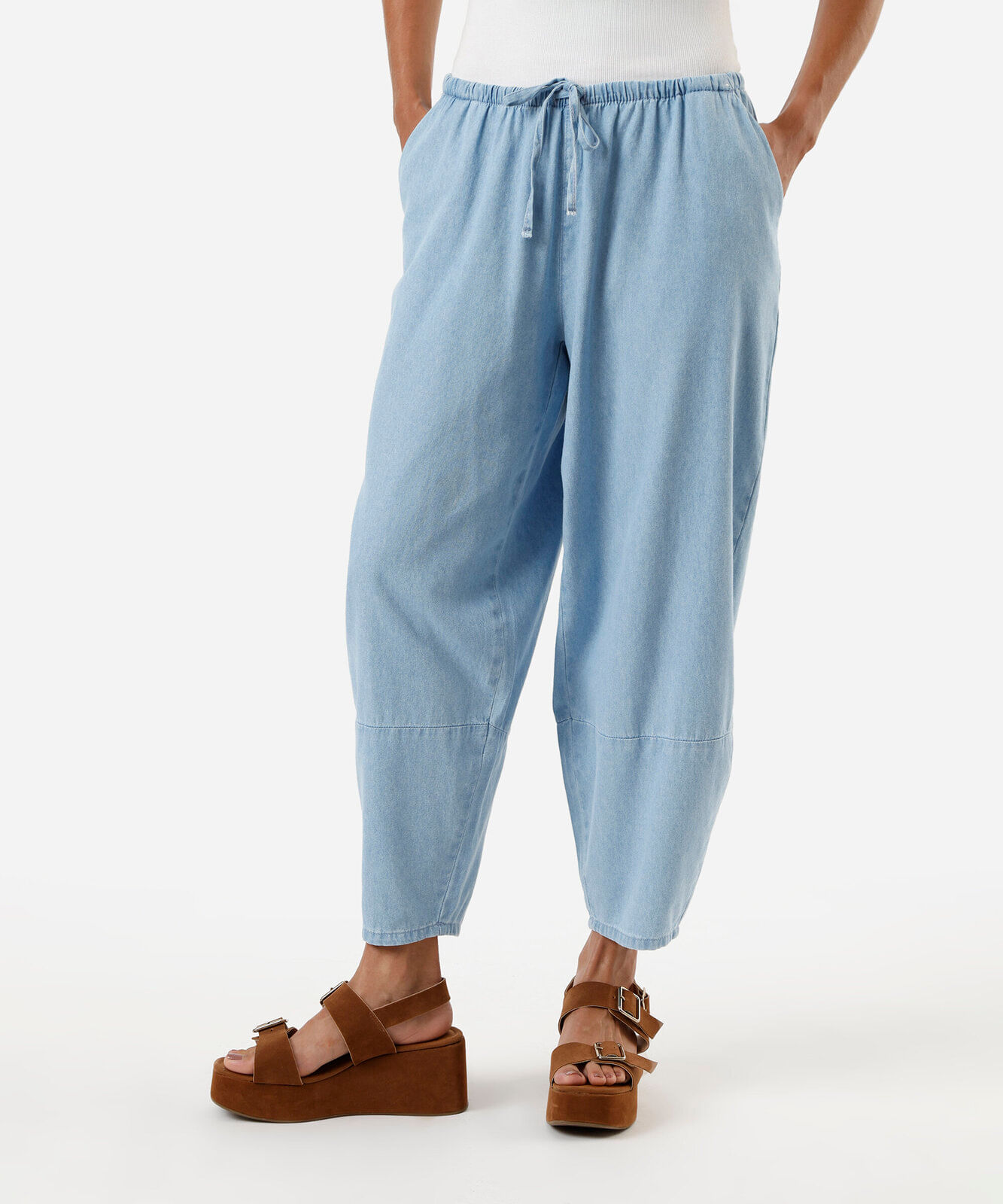 calça barrel feminina jeans cós elástico azul