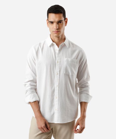 camisa comfort de algodão manga longa com bolso branca