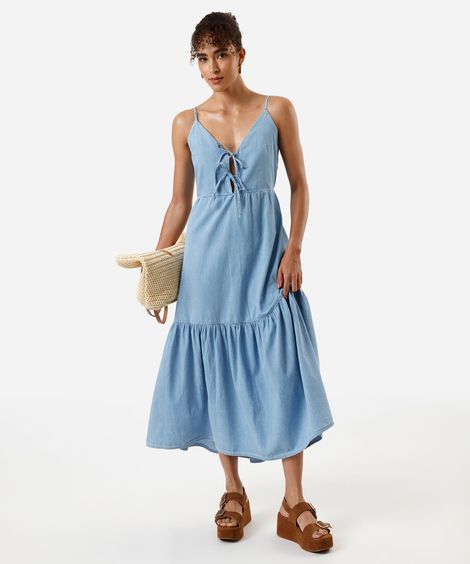 vestido midi alça fina feminino jeans com recorte azul