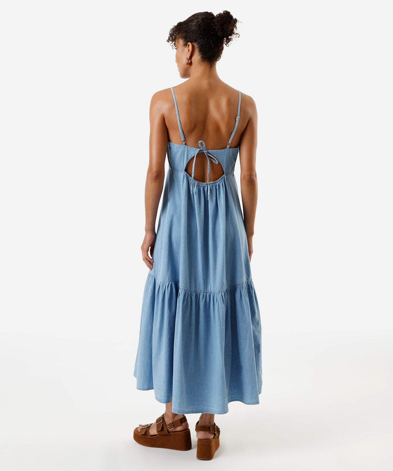 vestido midi alça fina feminino jeans com recorte azul