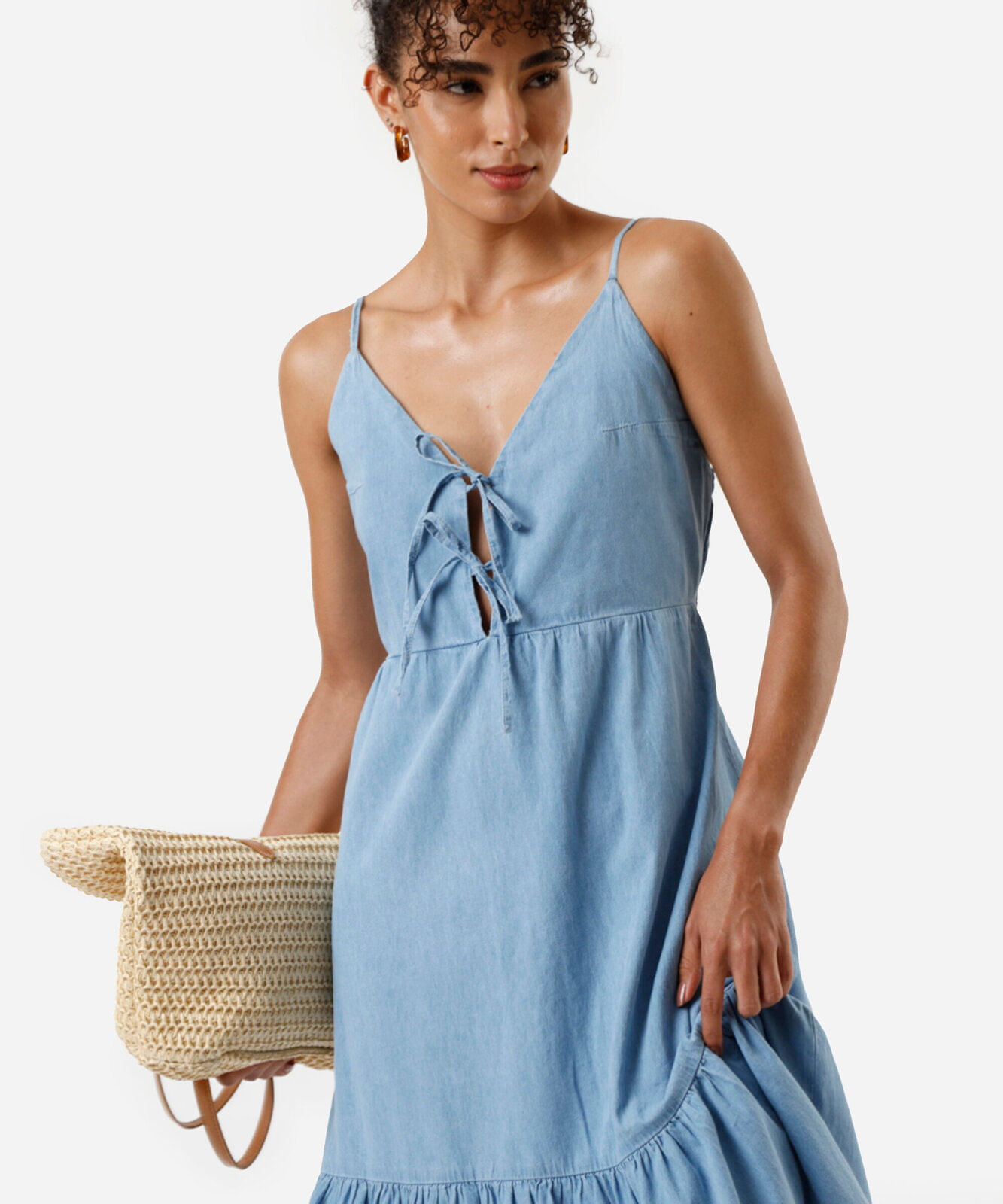 vestido midi alça fina feminino jeans com recorte azul