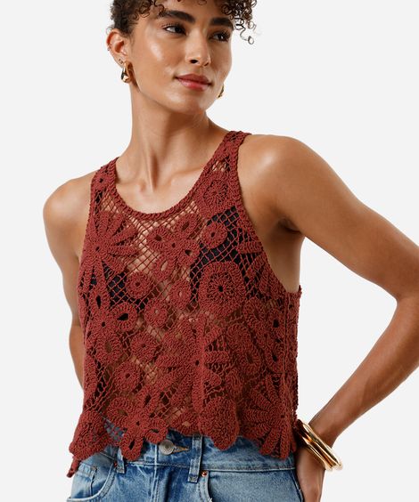 regata feminina de crochet floral rosa