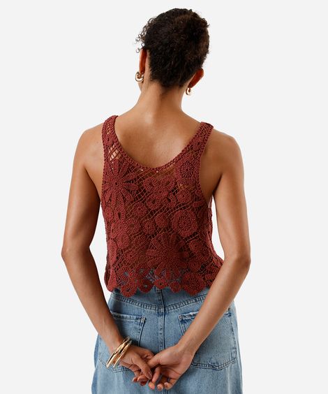 regata feminina de crochet floral rosa