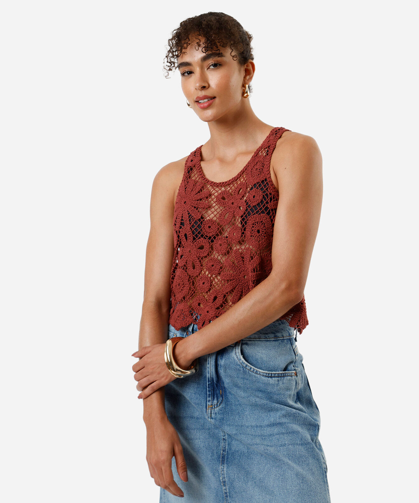regata feminina de crochet floral rosa
