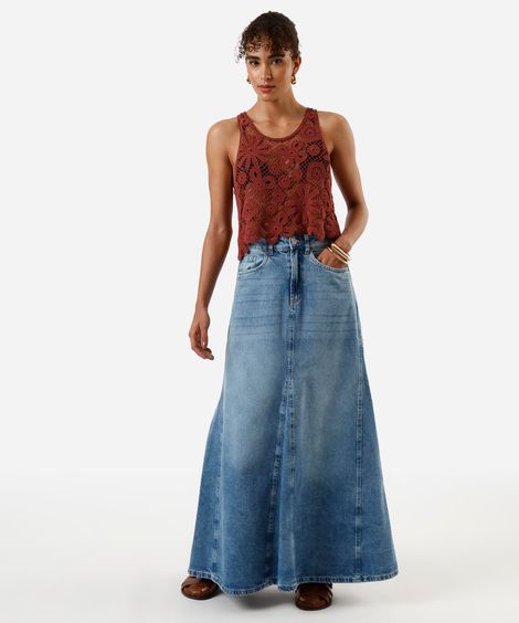 saia evasê feminina de algodão com bolsos azul