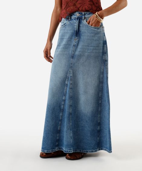 saia evasê feminina de algodão com bolsos azul