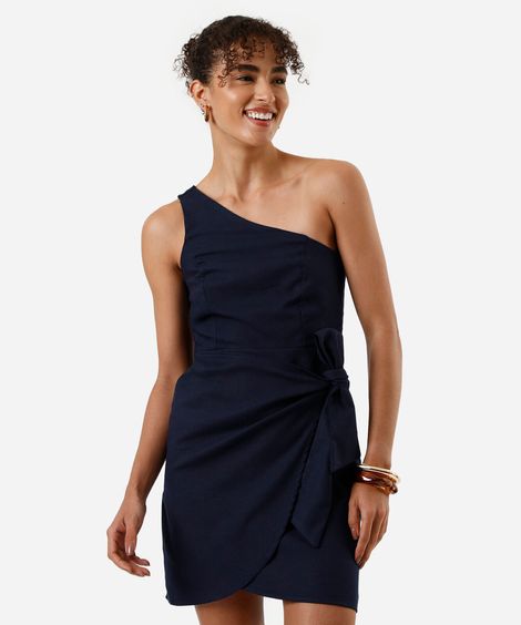 vestido curto ombro único feminino com linho e amarração azul