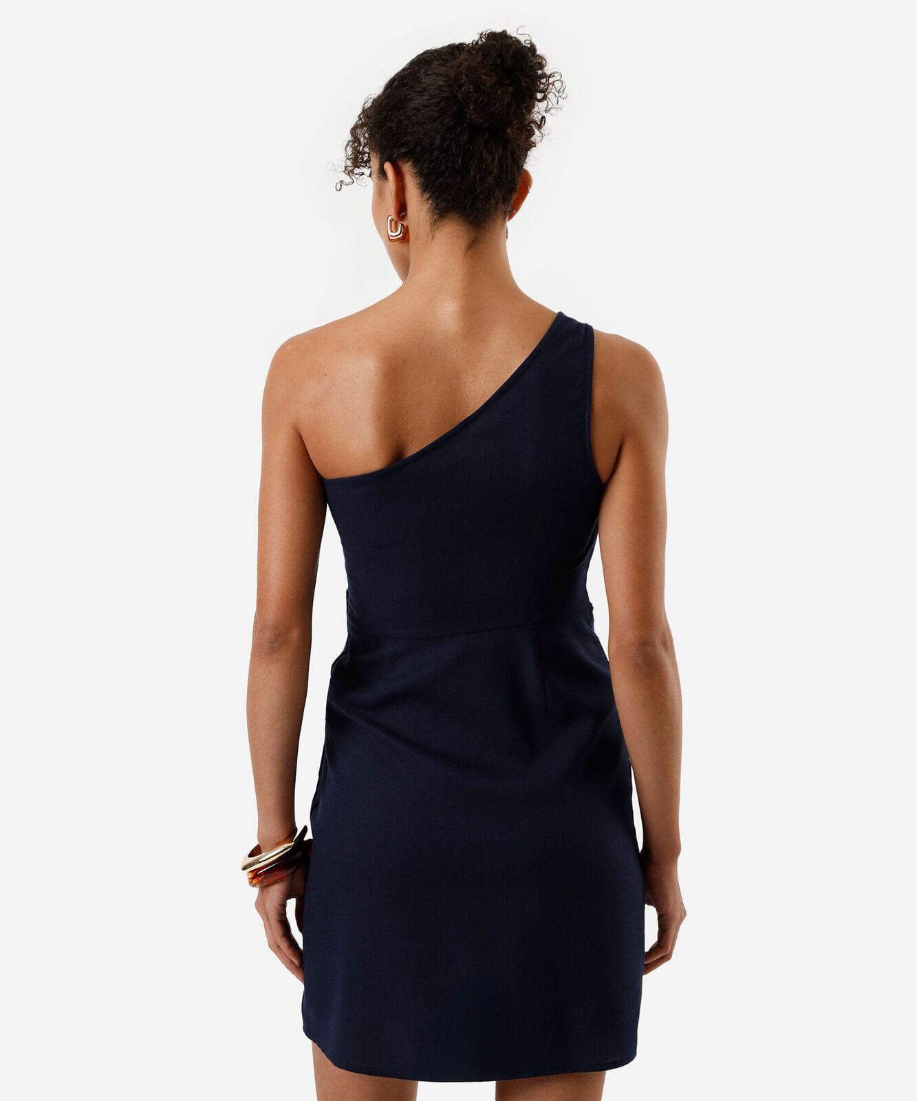 vestido curto ombro único feminino com linho e amarração azul