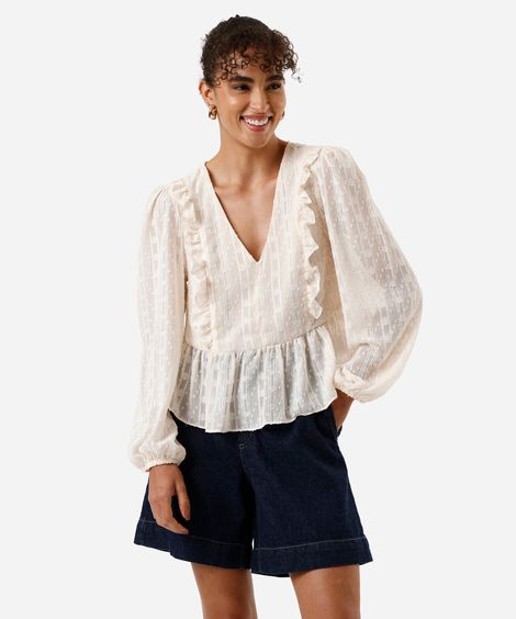 bata feminina com babados texturizada bege