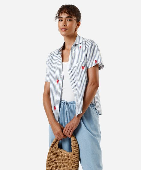 camisa feminina de algodão bordada listrada off white