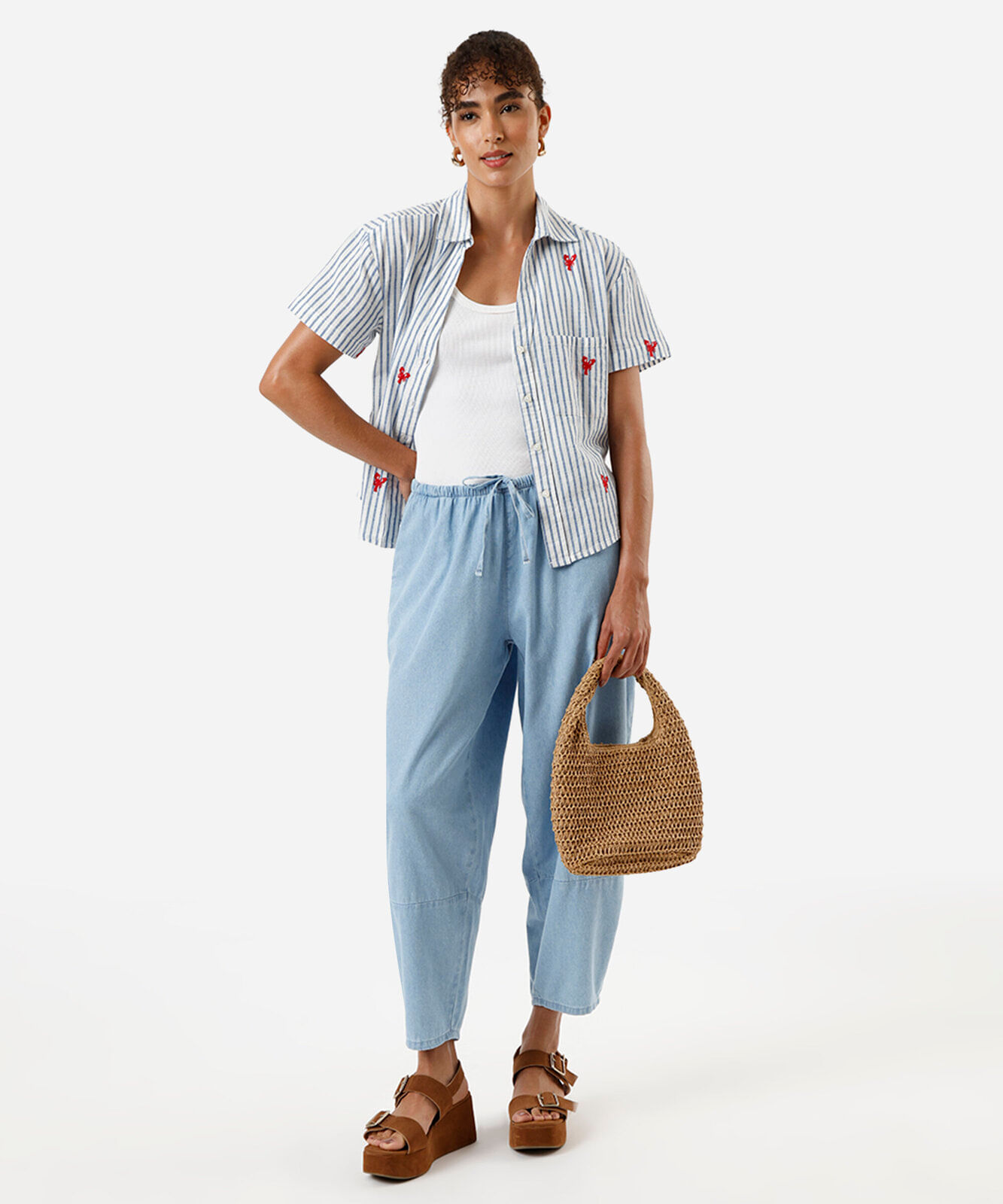 camisa feminina de algodão bordada listrada off white