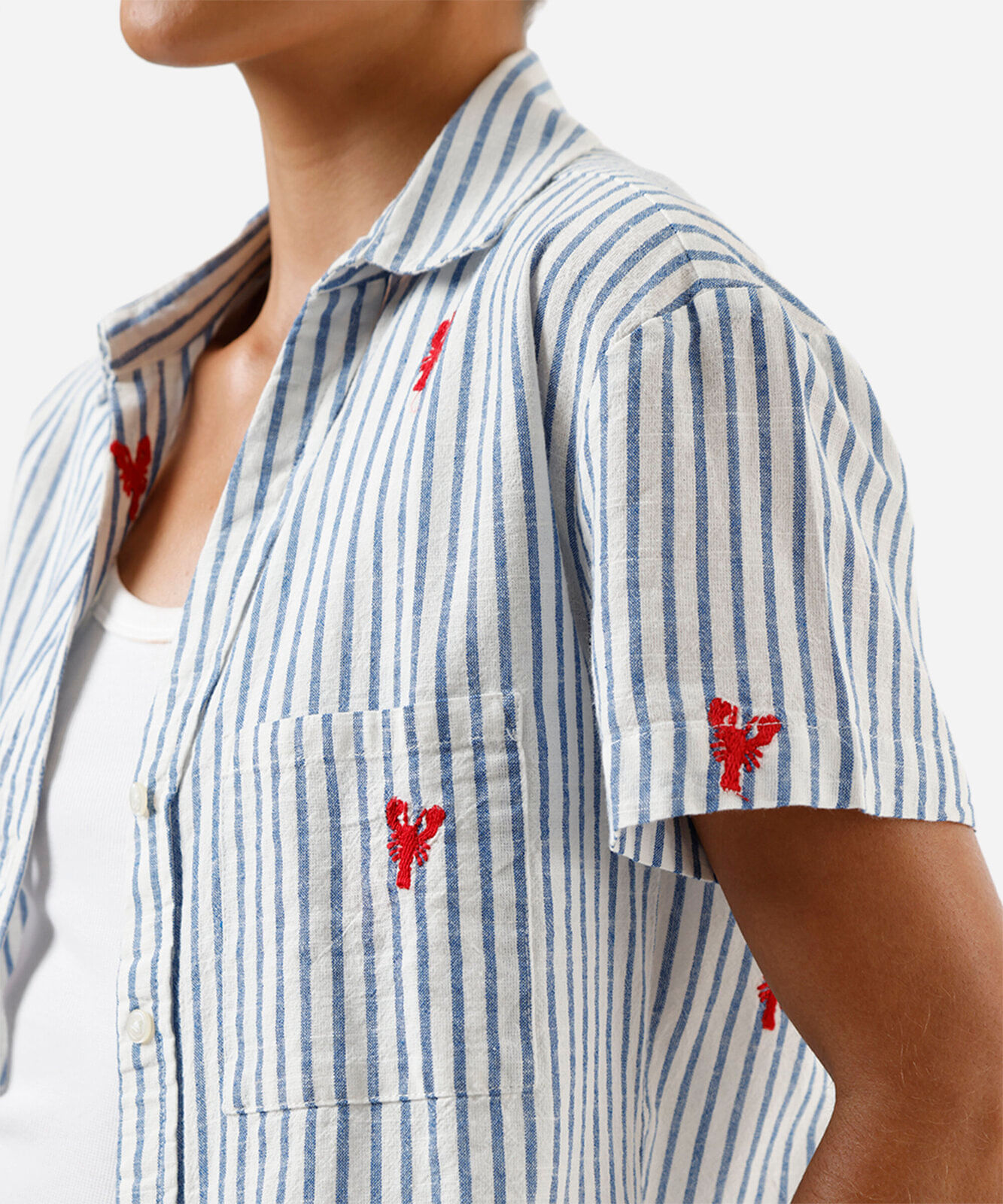 camisa feminina de algodão bordada listrada off white