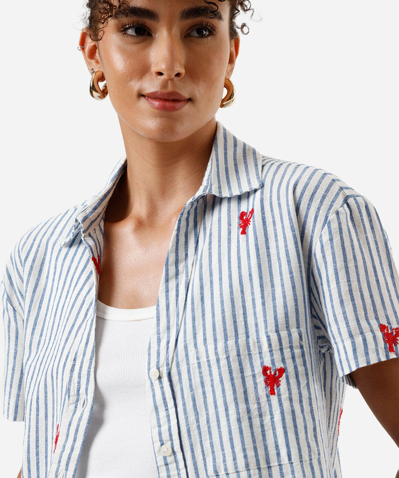 camisa feminina de algodão bordada listrada off white