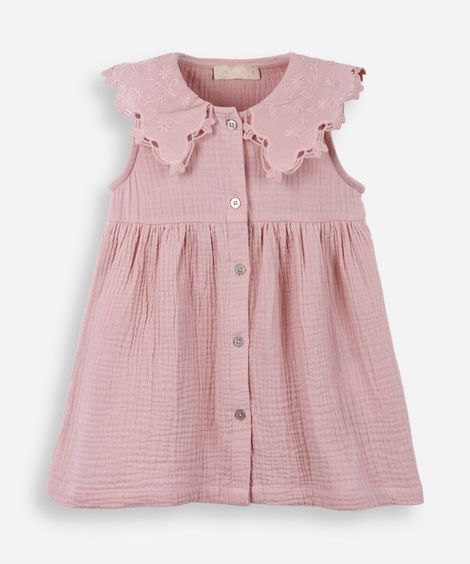 vestido infantil de algodão gola de laise rosa