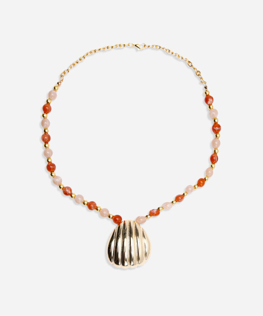colar de miçangas pingente concha dourado