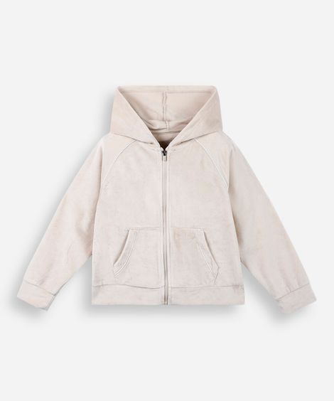 jaqueta de plush infantil com capuz e bolso bege