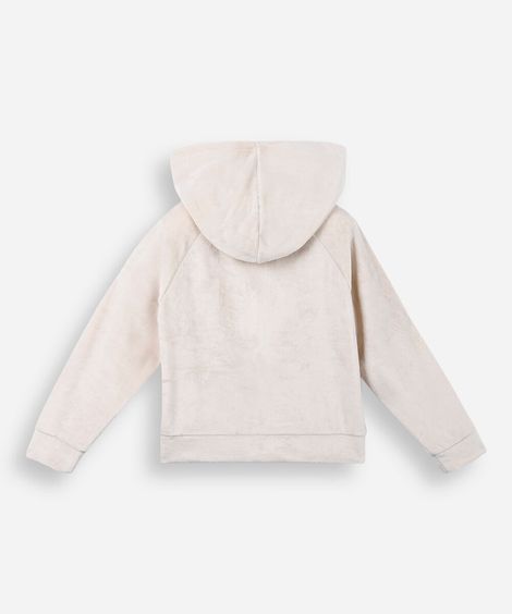 jaqueta de plush infantil com capuz e bolso bege