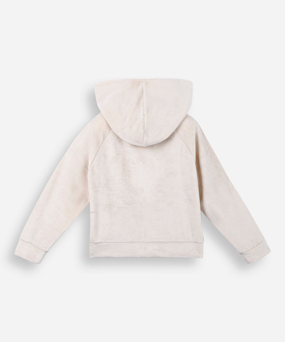 jaqueta de plush infantil com capuz e bolso bege
