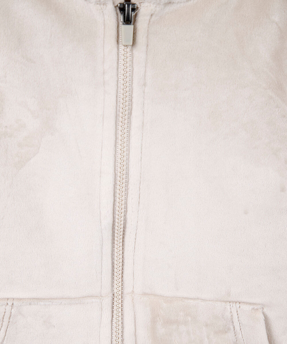 jaqueta de plush infantil com capuz e bolso bege