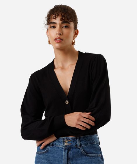 cardigan cropped feminino de tricot preto