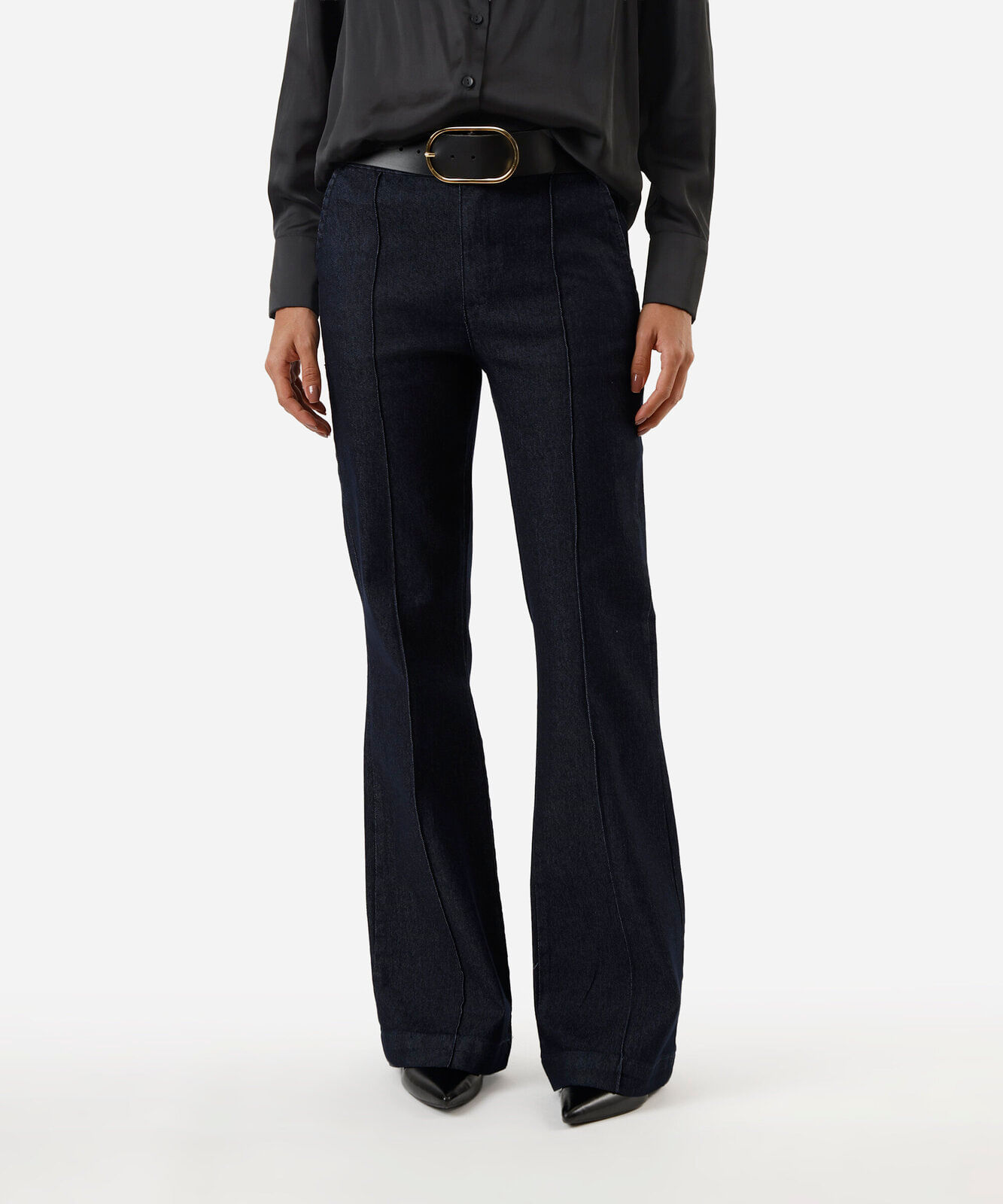 calça jeans flare feminina com nervura azul