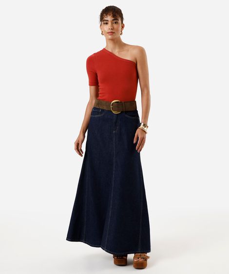 saia evasê feminina de algodão com bolsos azul