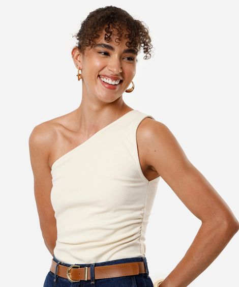 blusa feminina assimétrica franzida bege