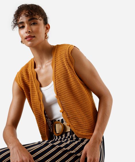colete feminino de tricot texturizado amarelo