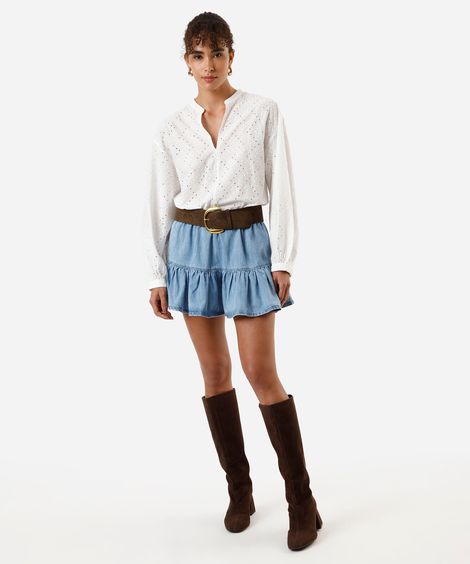 minissaia jeans feminina franzidos azul