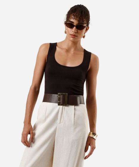regata feminina decote u tricot marrom