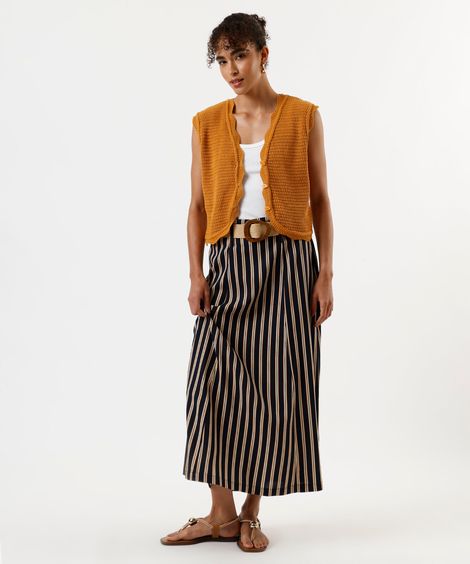 saia midi feminina com linho e cinto listrada colorida