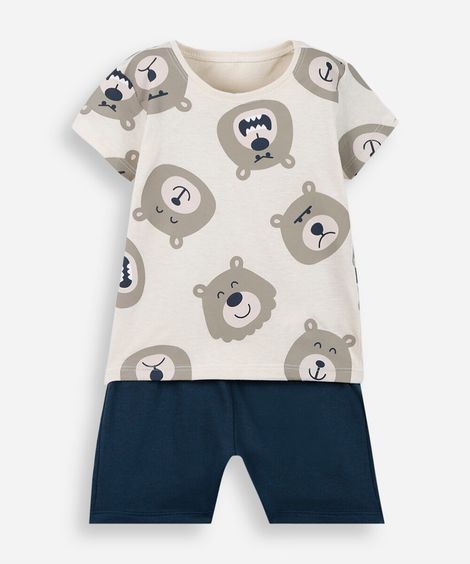 conjunto curto infantil de algodão ursinho  bege