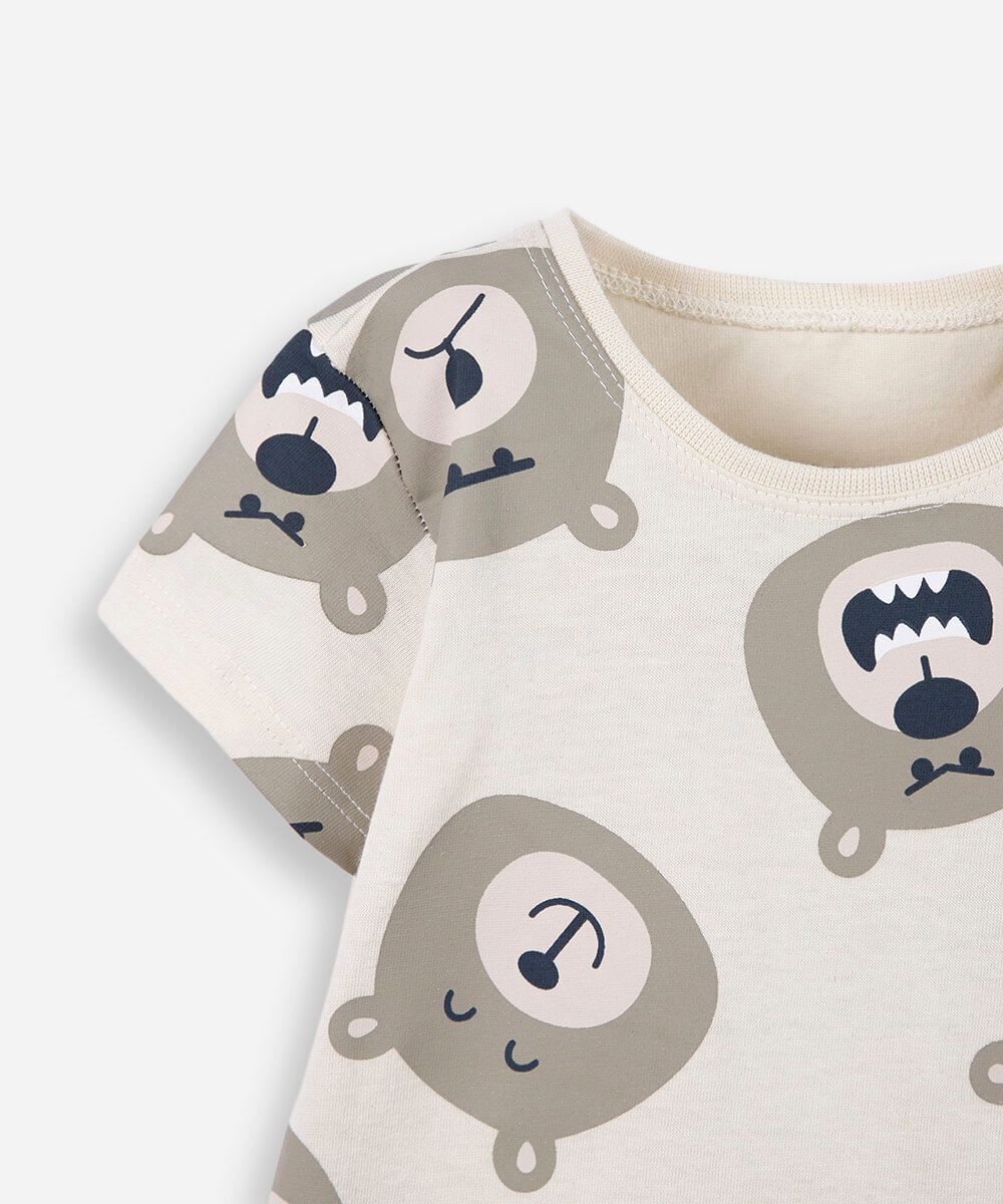 conjunto curto infantil de algodão ursinho  bege