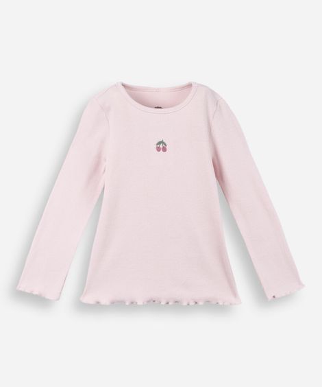 blusa infantil de algodão com bordado canelada rosa
