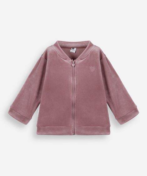 jaqueta infantil de plush com bordado rosa