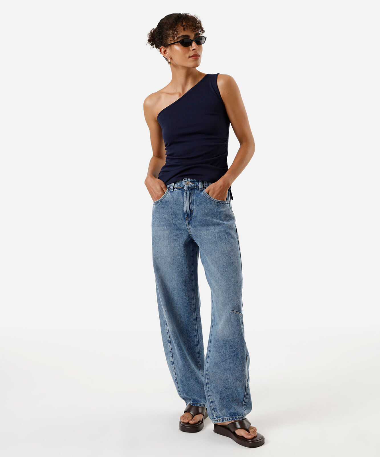 calça baggy feminina jeans com pences azul
